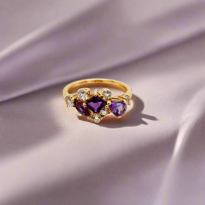 14K Yellow Gold Amethyst and White Topaz Ring