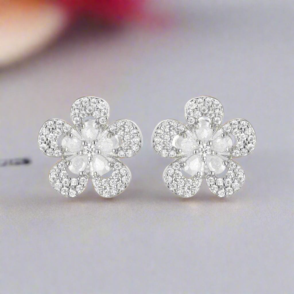 Surgical Steel Five Petal CZ Flower Stud Earrings