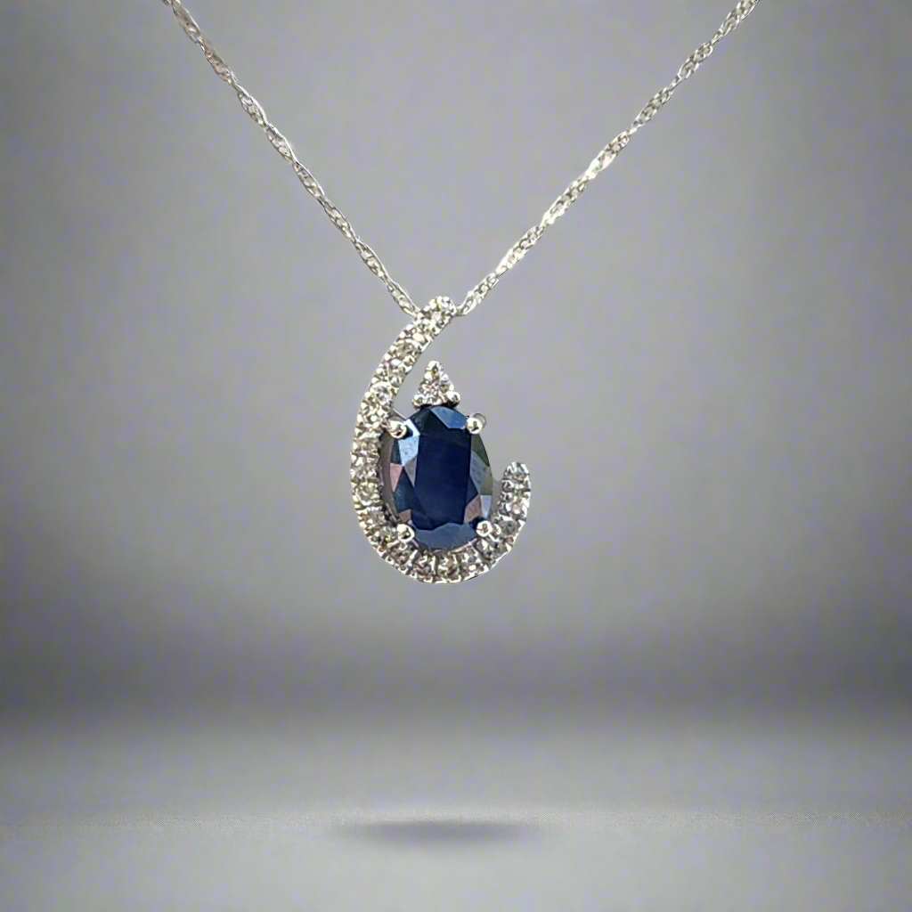 10k White Gold Diamond and Sapphire Teardrop Necklace