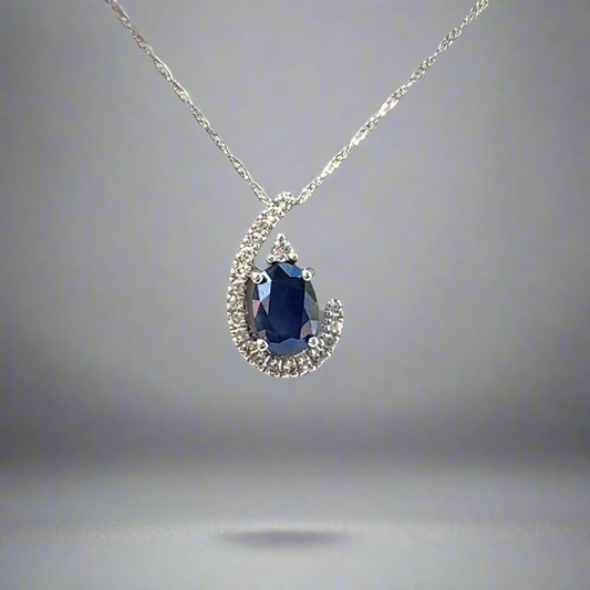 10k White Gold Diamond and Sapphire Teardrop Necklace