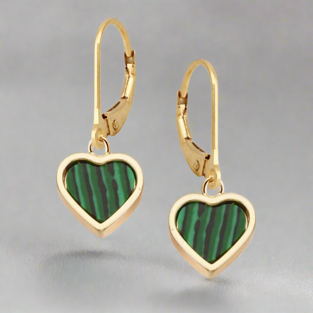 Gold Plated Malachite Framed Heart Surgical Steel Earrings