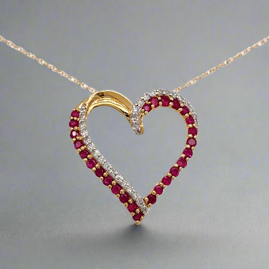 14K Gold Diamond and Ruby Heart Necklace