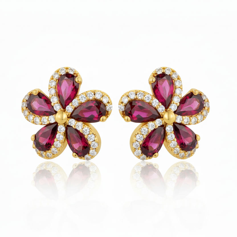 Gold Plated Surgical Steel Flower Stud Earrings - 5 Petal CZ 13mm