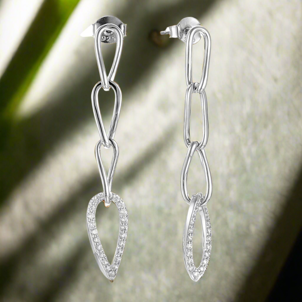 Sterling Silver Micropave Four Teardrop Link Earring