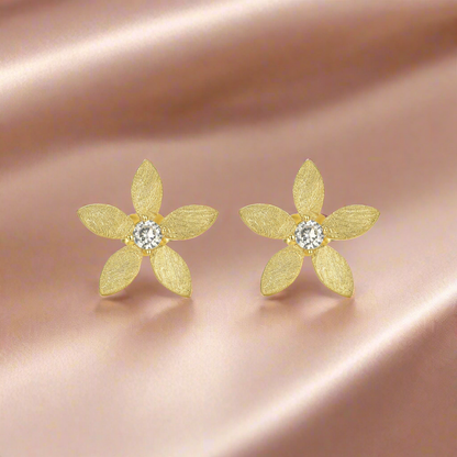 Sterling Silver Brushed Gold Plated Flower With Center CZ Stud Earring