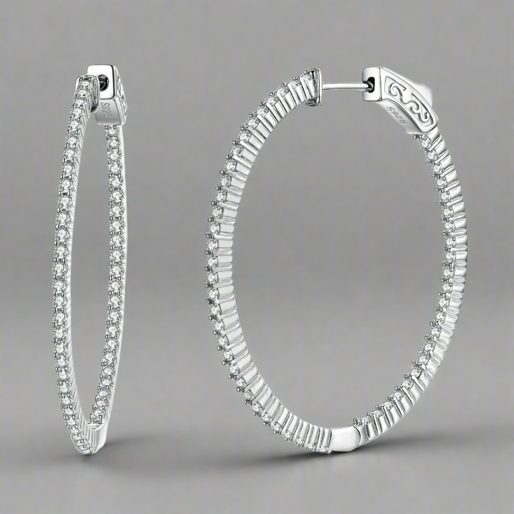 Rhodium Plated Sterling Silver Oval Shaped CZ Hoop Earrings