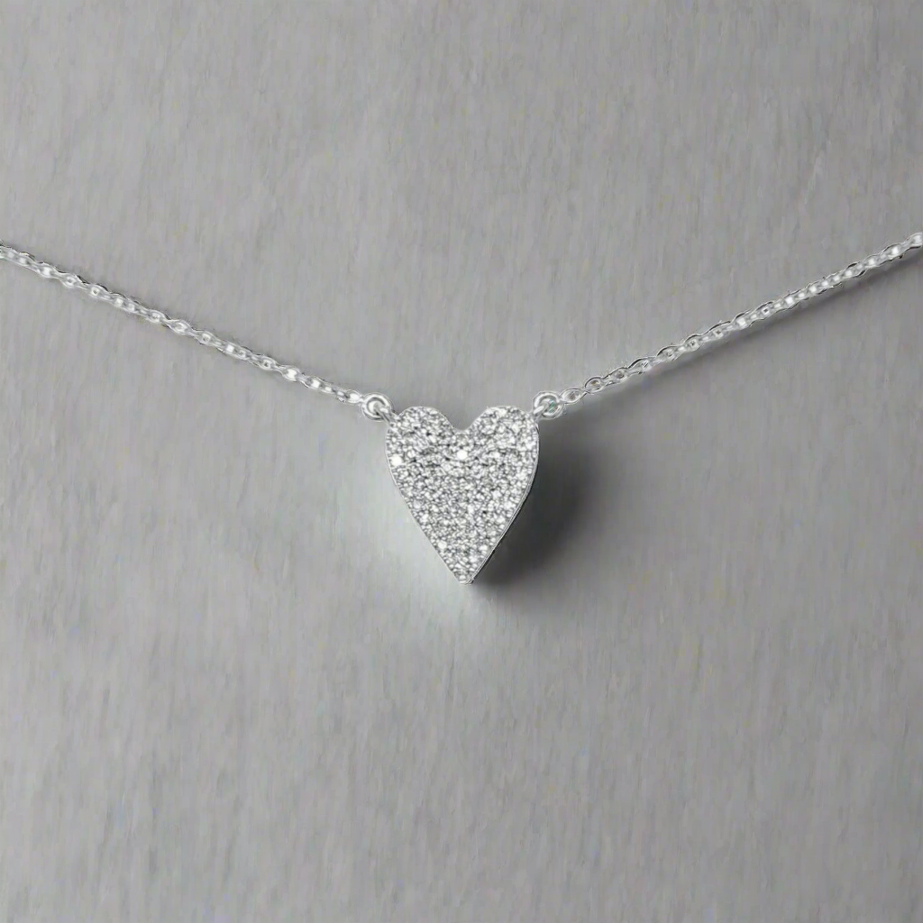 10K White Gold Small Micropave Diamond Heart Necklace