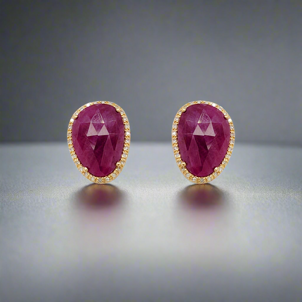 10K Gold Ruby and Diamond Natural Shaped Stud Earring