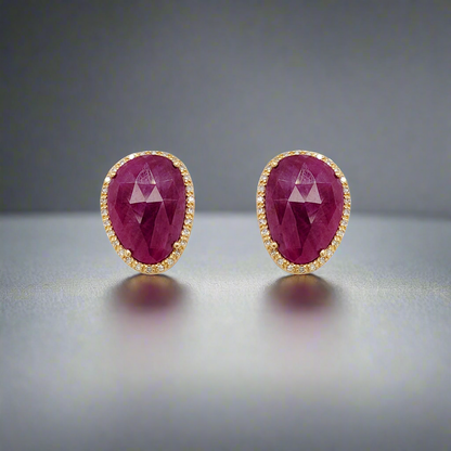 10K Gold Ruby and Diamond Natural Shaped Stud Earring