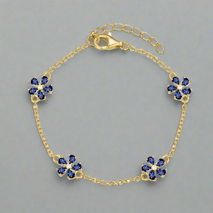 Sterling Silver Gold Plated CZ Flower Station Bracelet