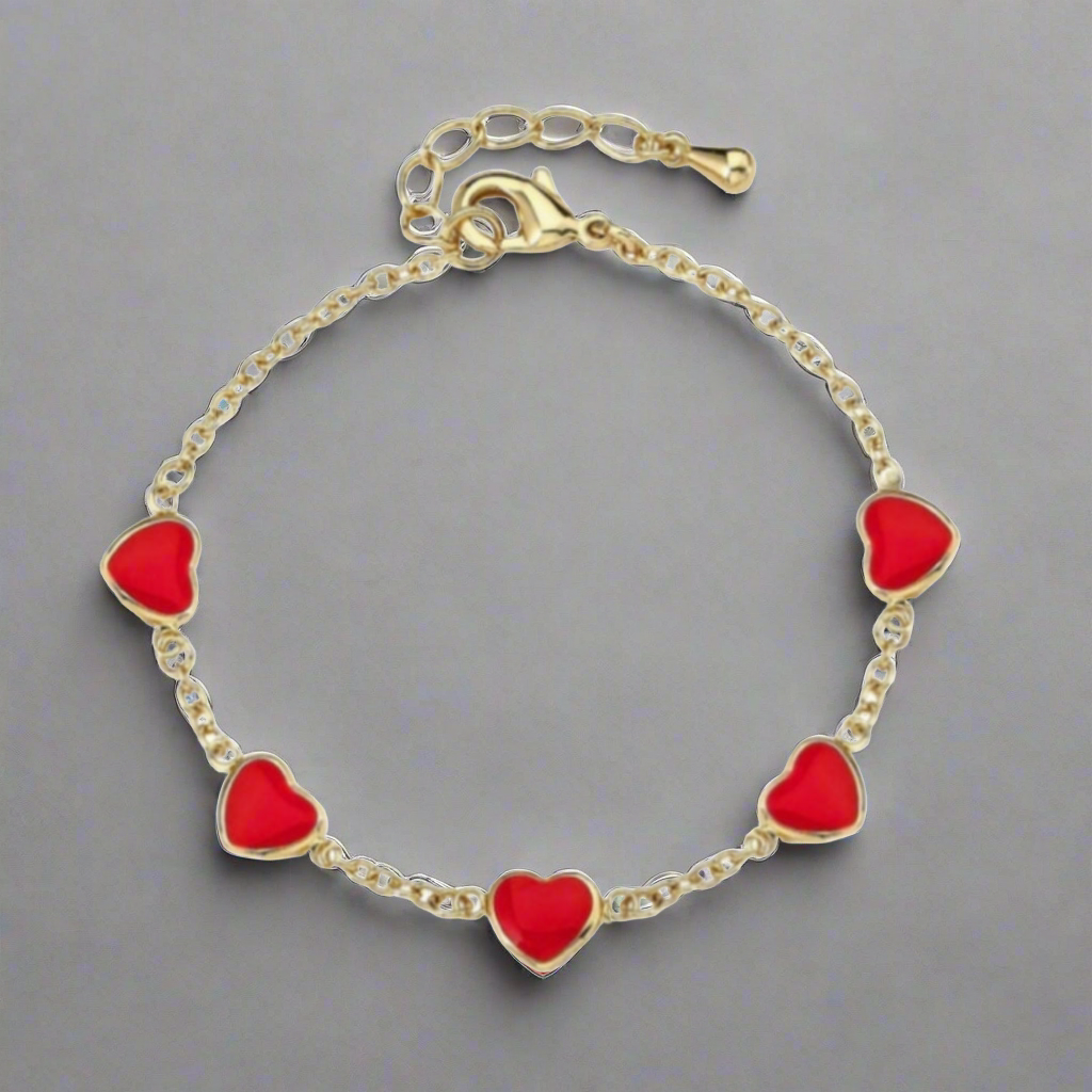 Gold Plated Sterling Silver Red Or Pink Enamel Heart Station Bracelet