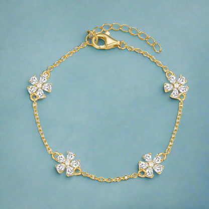 Sterling Silver Gold Plated CZ Flower Station Bracelet