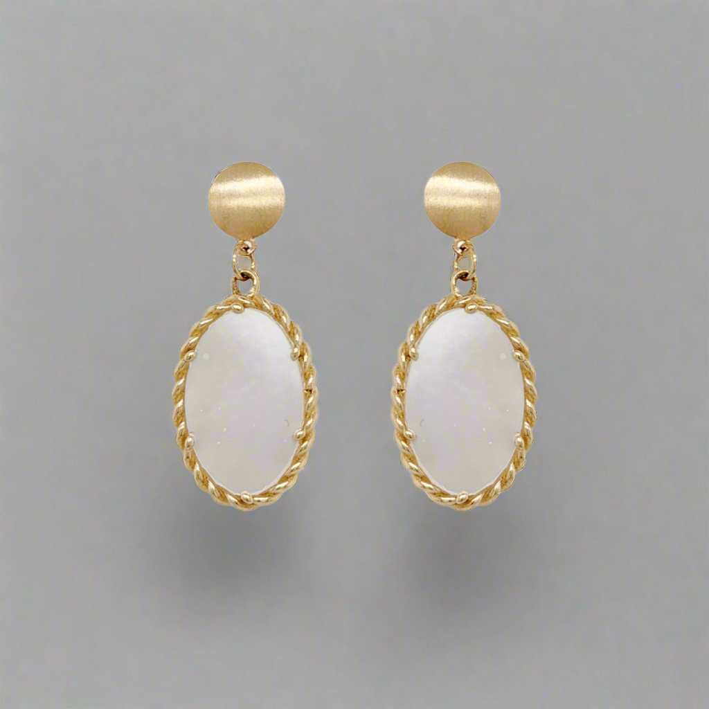 14K Gold Hanging Oval Mother of Pearl With Beaded Border Earrings