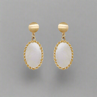 14K Gold Hanging Oval Mother of Pearl With Beaded Border Earrings