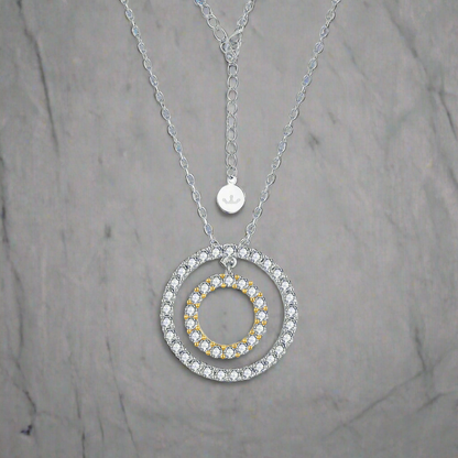 Sterling Silver Two Tone Double Circle Pendant On Diamond Cut Chain