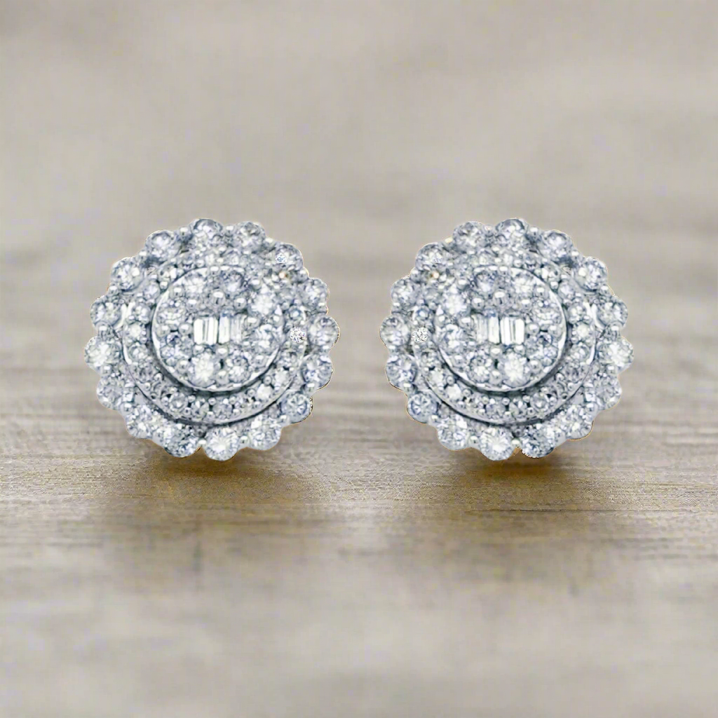 10K Gold And Diamond 3-Tier Round Stud Earrings