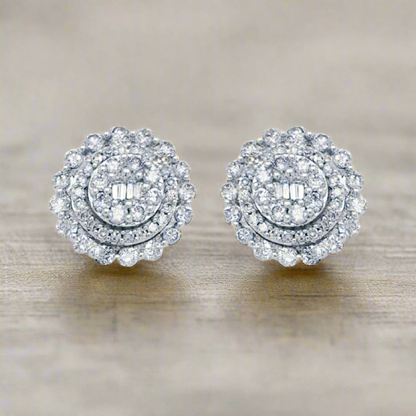 10K Gold And Diamond 3-Tier Round Stud Earrings