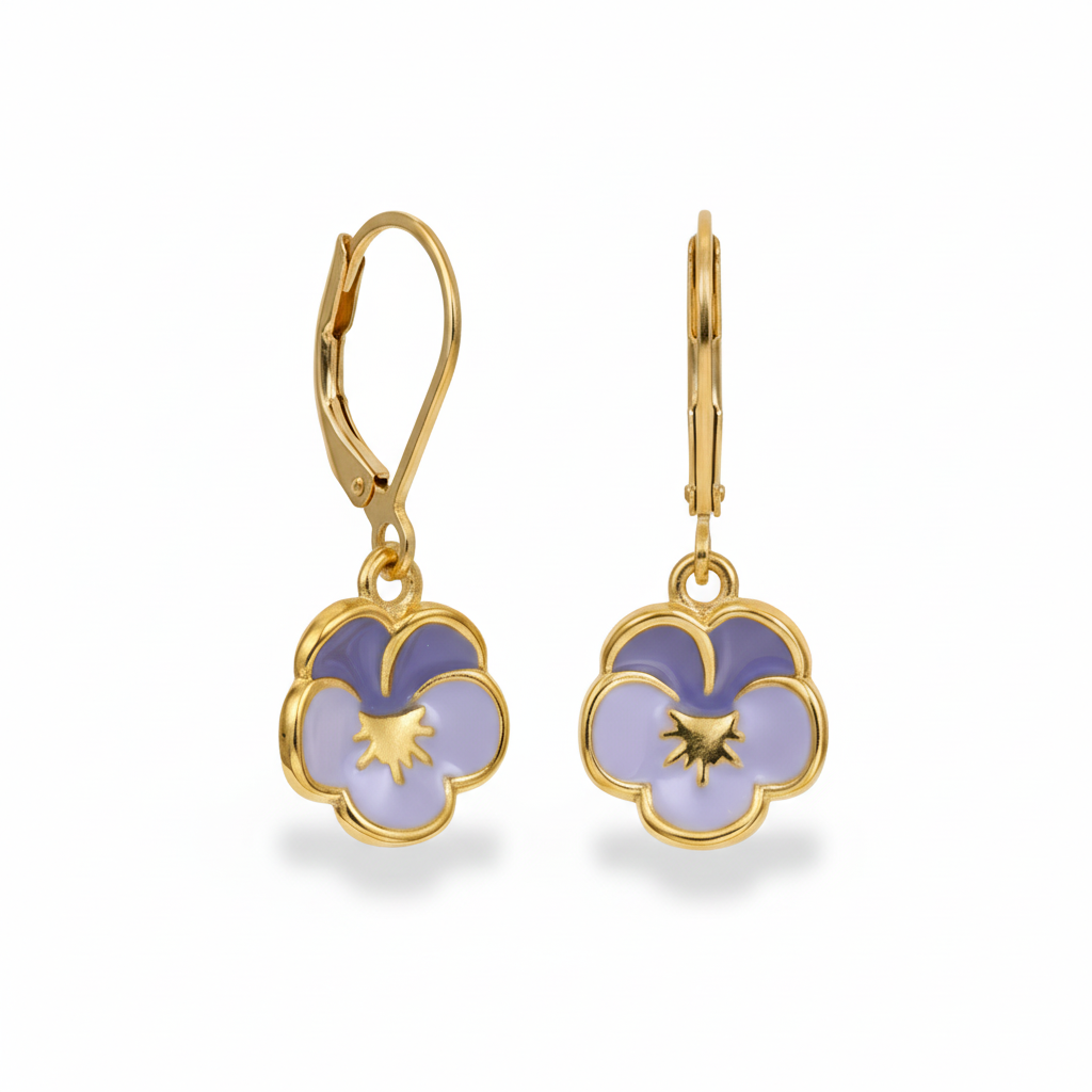 Colorful Enamel Pansy Flower Surgical Steel Leverback Earrings - Hypoallergenic Kids Jewelry