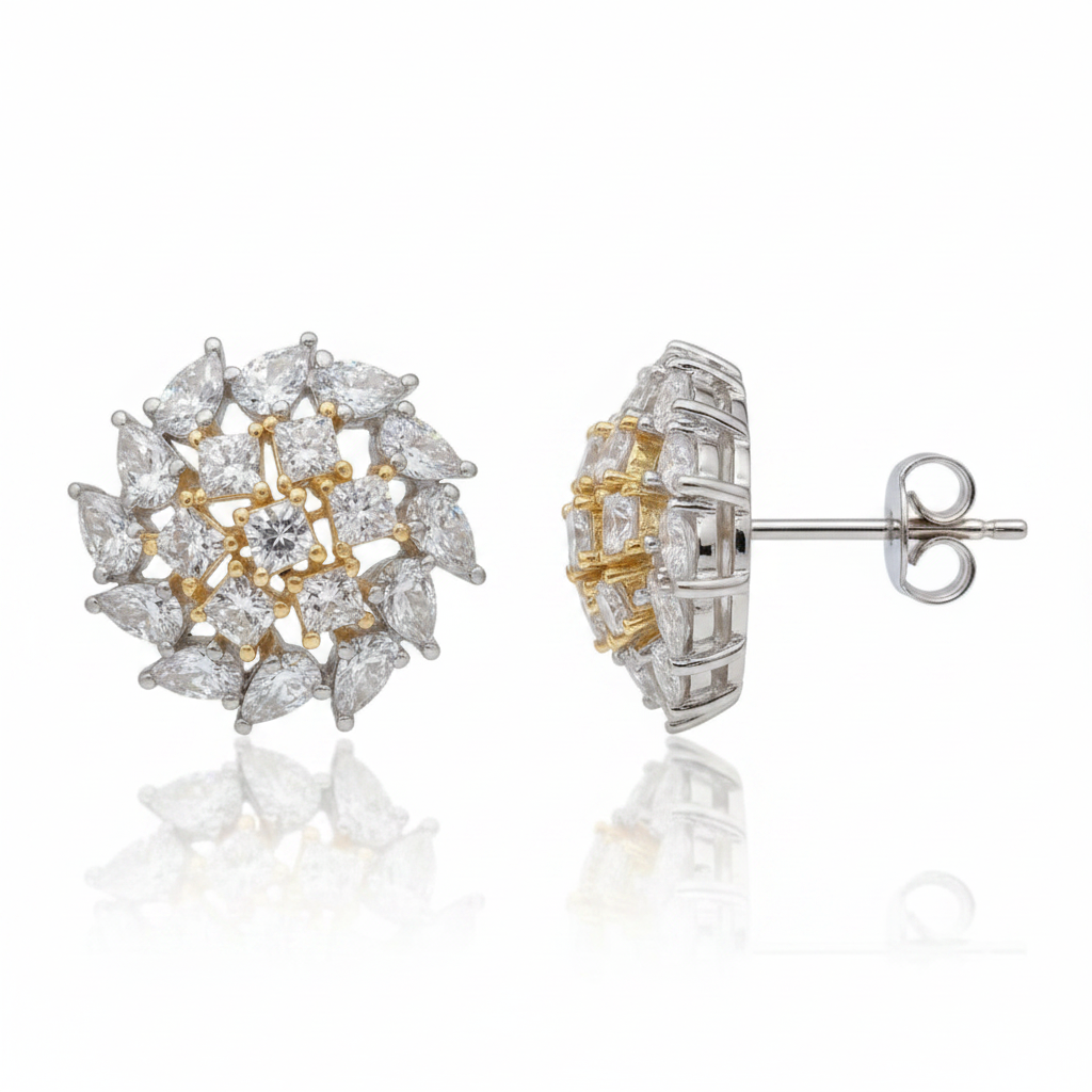CZ Dome Cluster Stud Earrings - Forward and Side View