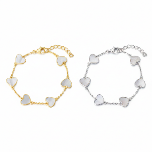 Gold Plated or Rhodium Plated Sterling Silver Mother of Pearl Heart Bracelet