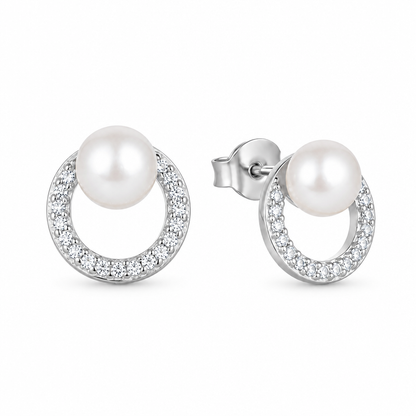 Gold Plated Pearl & CZ Open Circle Stud Earrings – Titanium Post