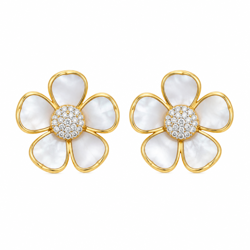 Sterling Silver White Mother of Pearl Flower Stud Earrings