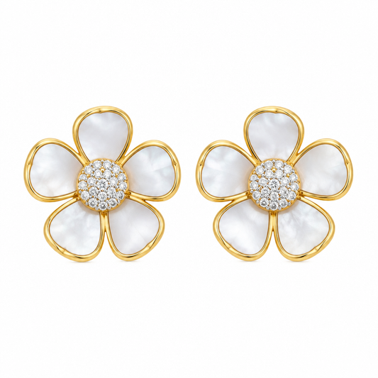 Sterling Silver White Mother of Pearl Flower Stud Earrings