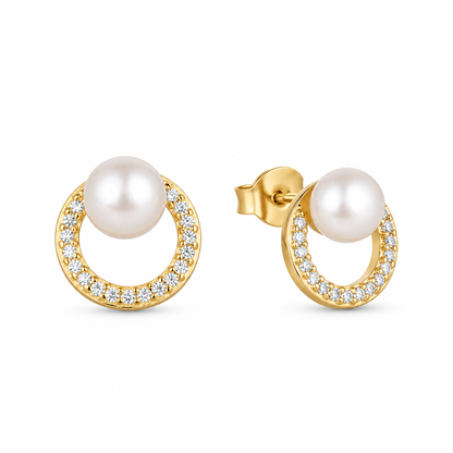 Gold Plated Pearl & CZ Open Circle Stud Earrings – Titanium Post