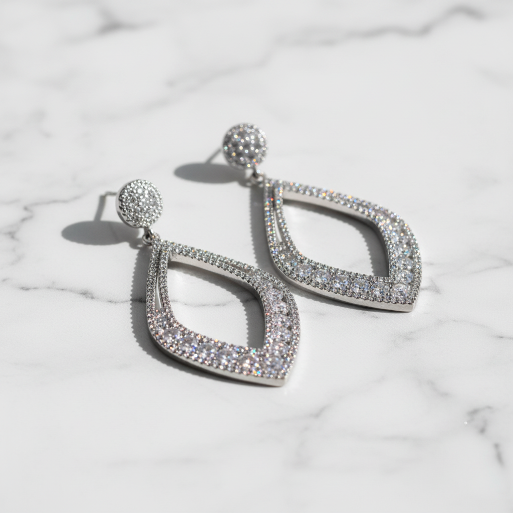 Sterling Silver Diamond-Shape CZ Drop Earrings