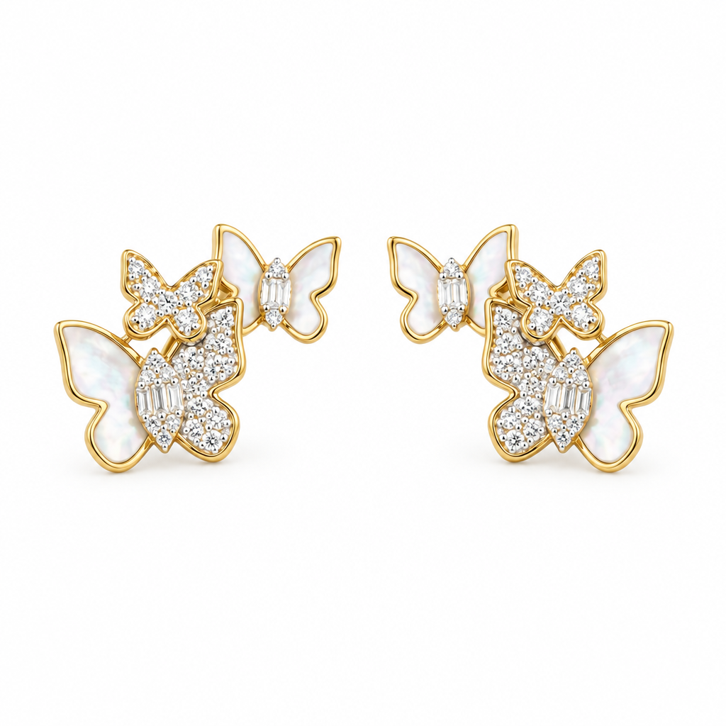 Sterling Silver Triple Butterfly Stud Earrings – White Mother of Pearl & CZ
