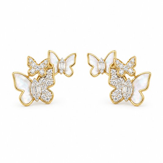 Sterling Silver Triple Butterfly Stud Earrings – White Mother of Pearl & CZ