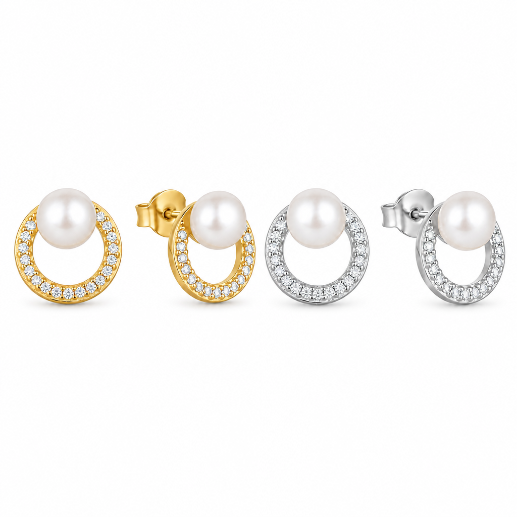 Gold Plated Pearl & CZ Open Circle Stud Earrings – Titanium Post