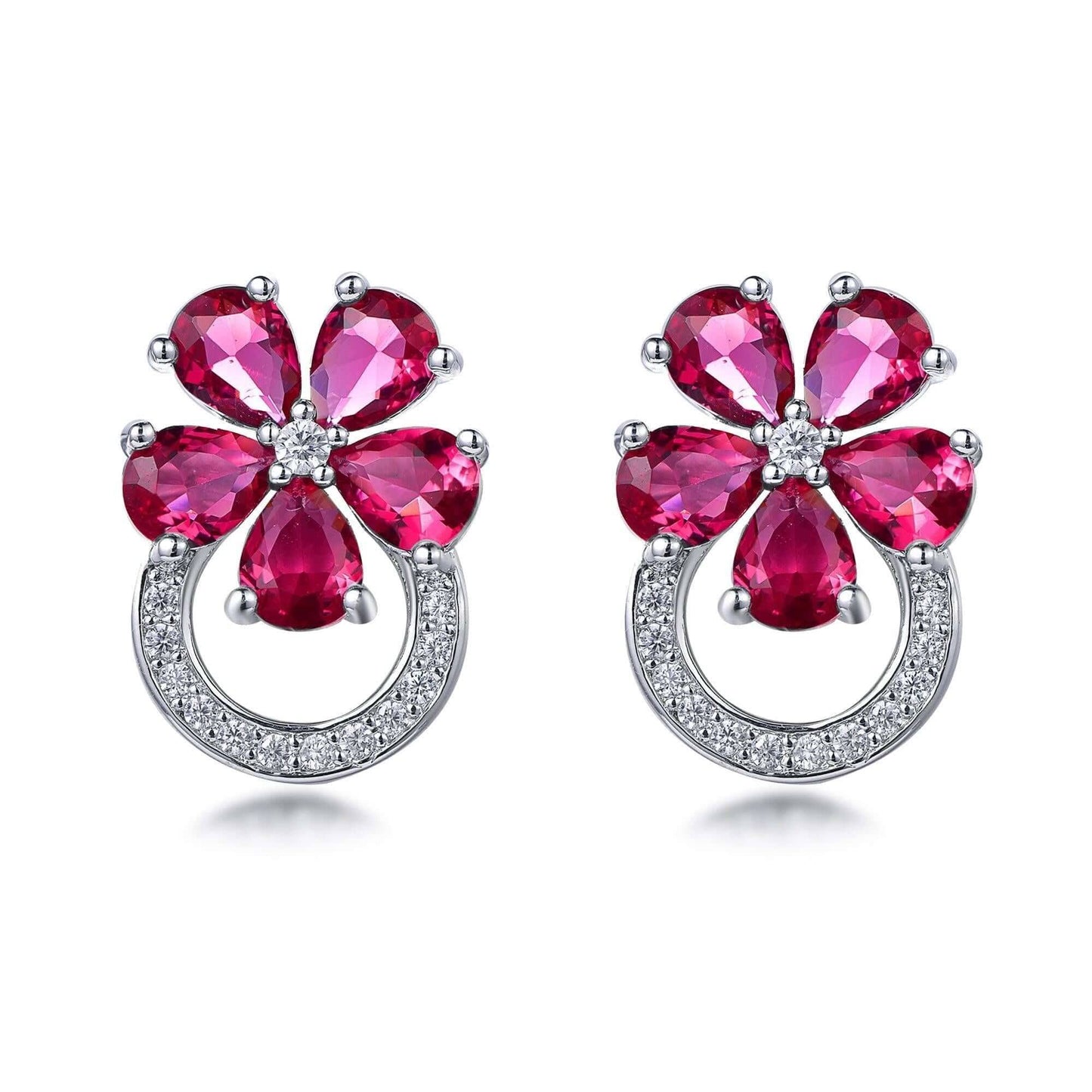 Rhodium Plated Sterling Silver Colorful Flower and Micropave Loop Stud Earrings