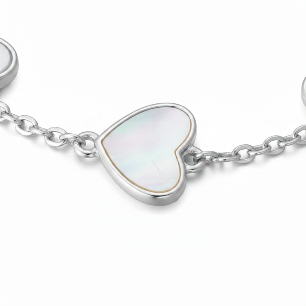 Gold Plated or Rhodium Plated Sterling Silver Mother of Pearl Heart Bracelet