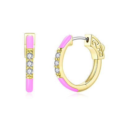 Surgical Steel Gold Plated Round CZ and Enamel Hoop Earrings