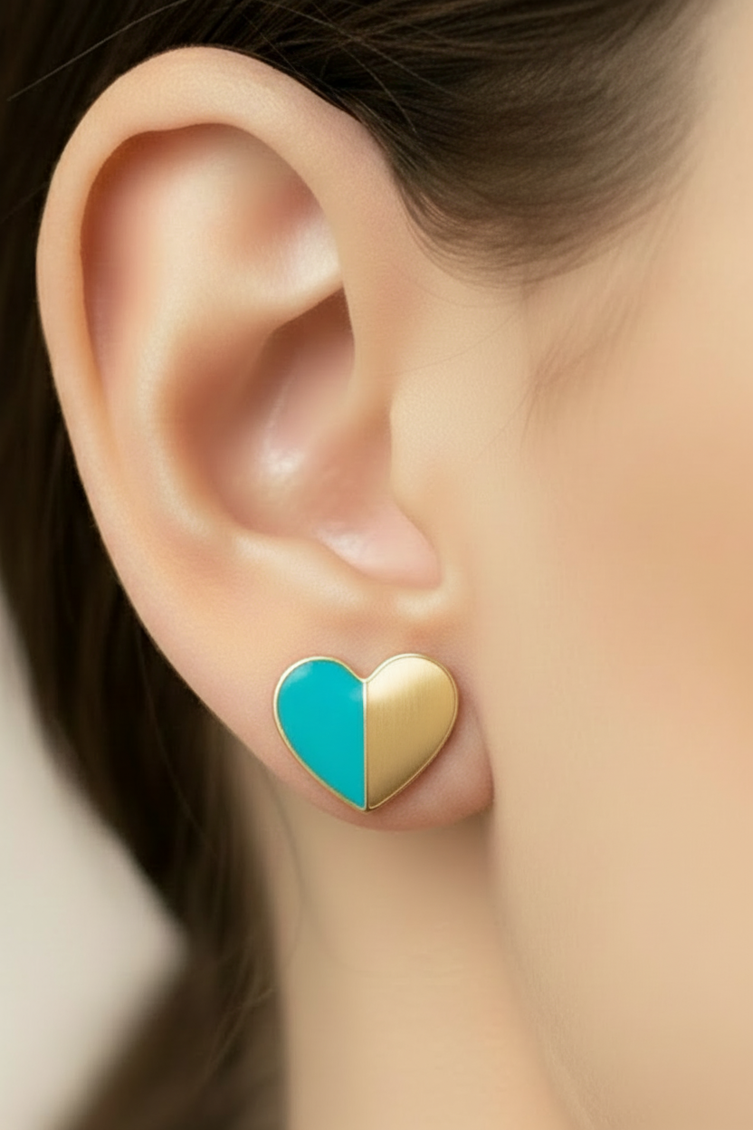 Gold-Plated Half Enamel Heart Stud Earrings - Hypoallergenic Surgical Steel Kids
