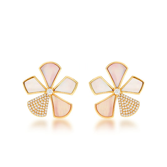 Sterling Silver Gold Plated Mother of Pearl And CZ Five Petal Flower Stud Earrings