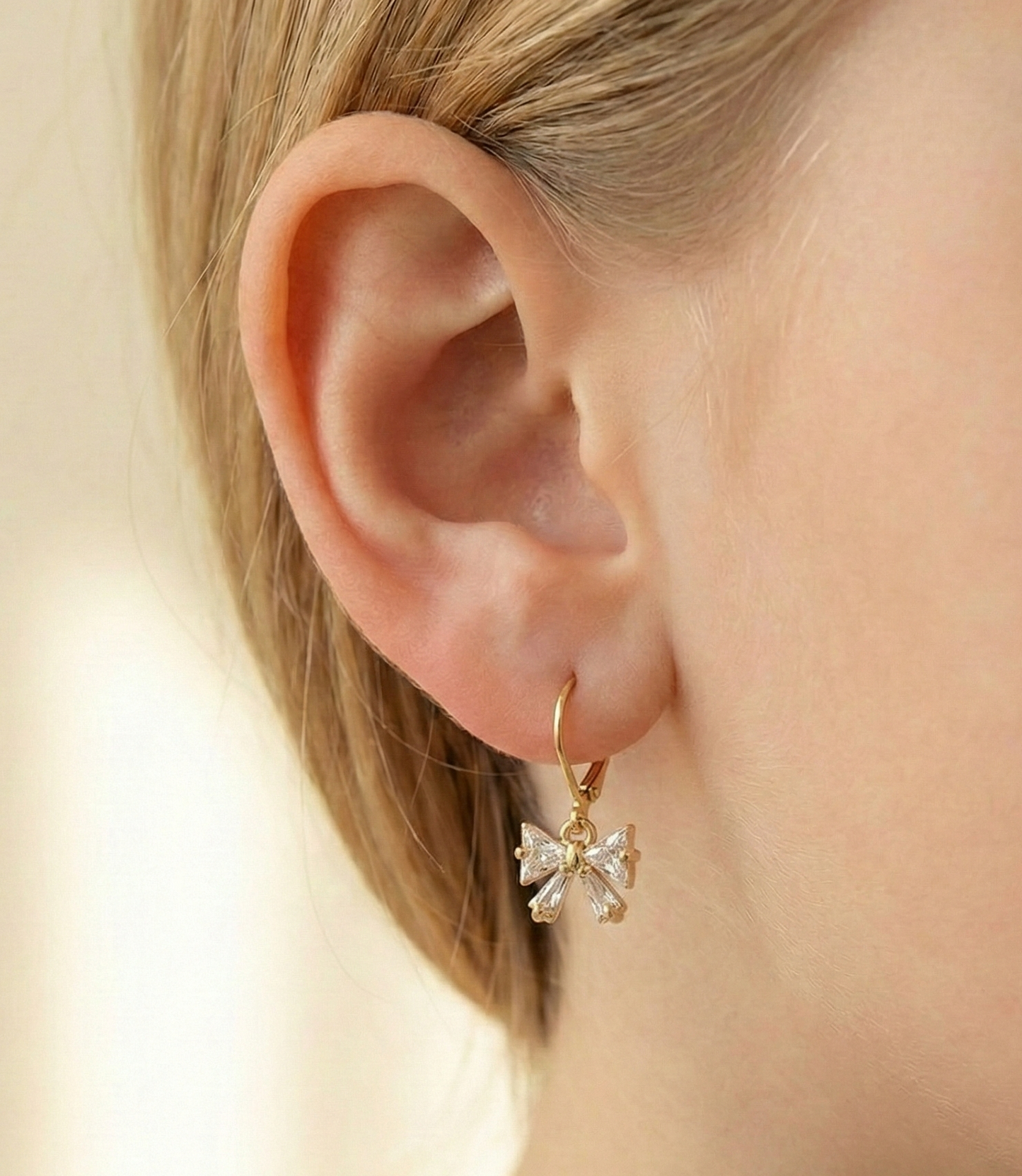 Gold Plated Cubic Zirconia Bow Leverback Earrings