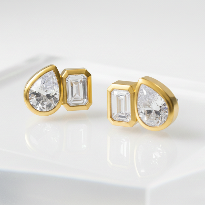 Sterling Silver Bezel Set CZ Stud Earrings - Pear and Emerald Cut