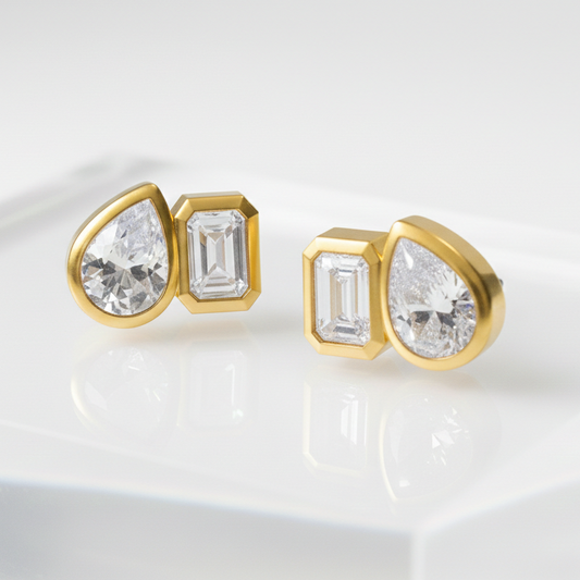 Sterling Silver Bezel Set CZ Stud Earrings - Pear and Emerald Cut