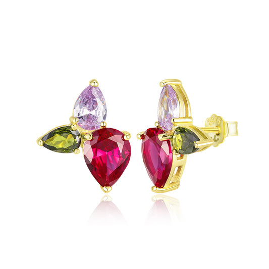 Sterling Silver Gold Plated Three Petal Colored Stone Stud Earring