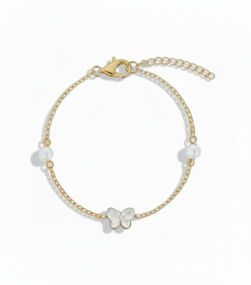 Gold Plated Sterling Silver Pearl and Mother Of Pearl Butterfly Bracelet
