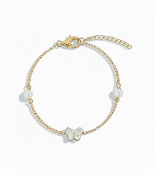 Gold Plated Sterling Silver Pearl and Mother Of Pearl Butterfly Bracelet