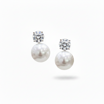 14K White Gold Lab Diamond & Freshwater Pearl Drop Earrings