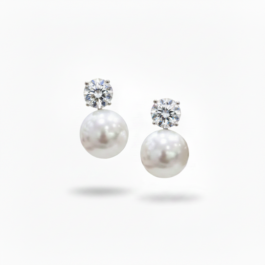 14K White Gold Lab Diamond & Freshwater Pearl Drop Earrings