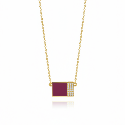 Sterling Silver Rectangular Pendant Necklace - Dark Pink Enamel Square & CZ