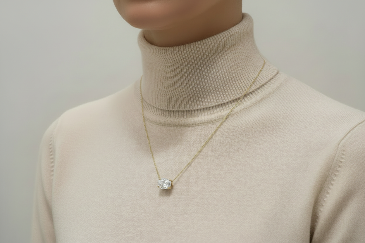 14k Gold Lab Grown Oval Shaped Diamond Solitaire Necklace