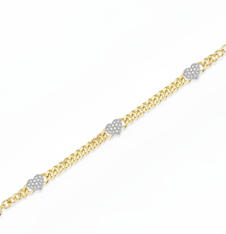 Gold-plated Sterling Silver Cuban Chain With Three Micropave Hearts Bracelet