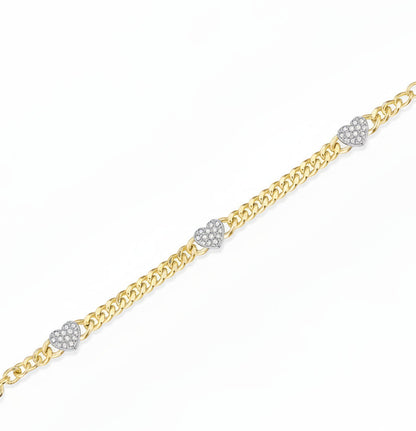 Gold-plated Sterling Silver Cuban Chain With Three Micropave Hearts Bracelet