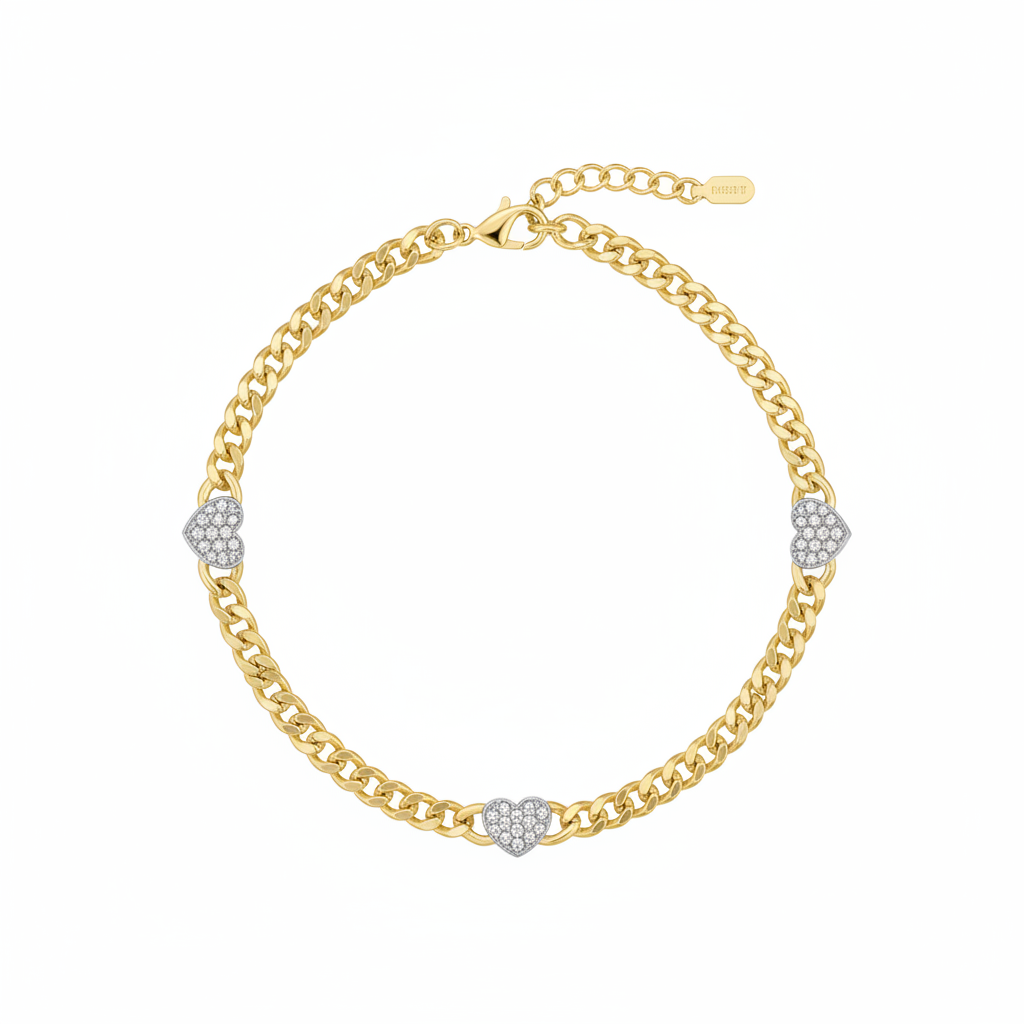 Gold-plated Sterling Silver Cuban Chain With Three Micropave Hearts Bracelet